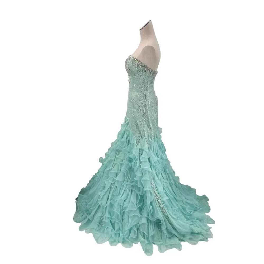 MacDuggal Sea Foam Jeweled Striped Strapless Corset Ruffled Gown - Picture 2 of 8